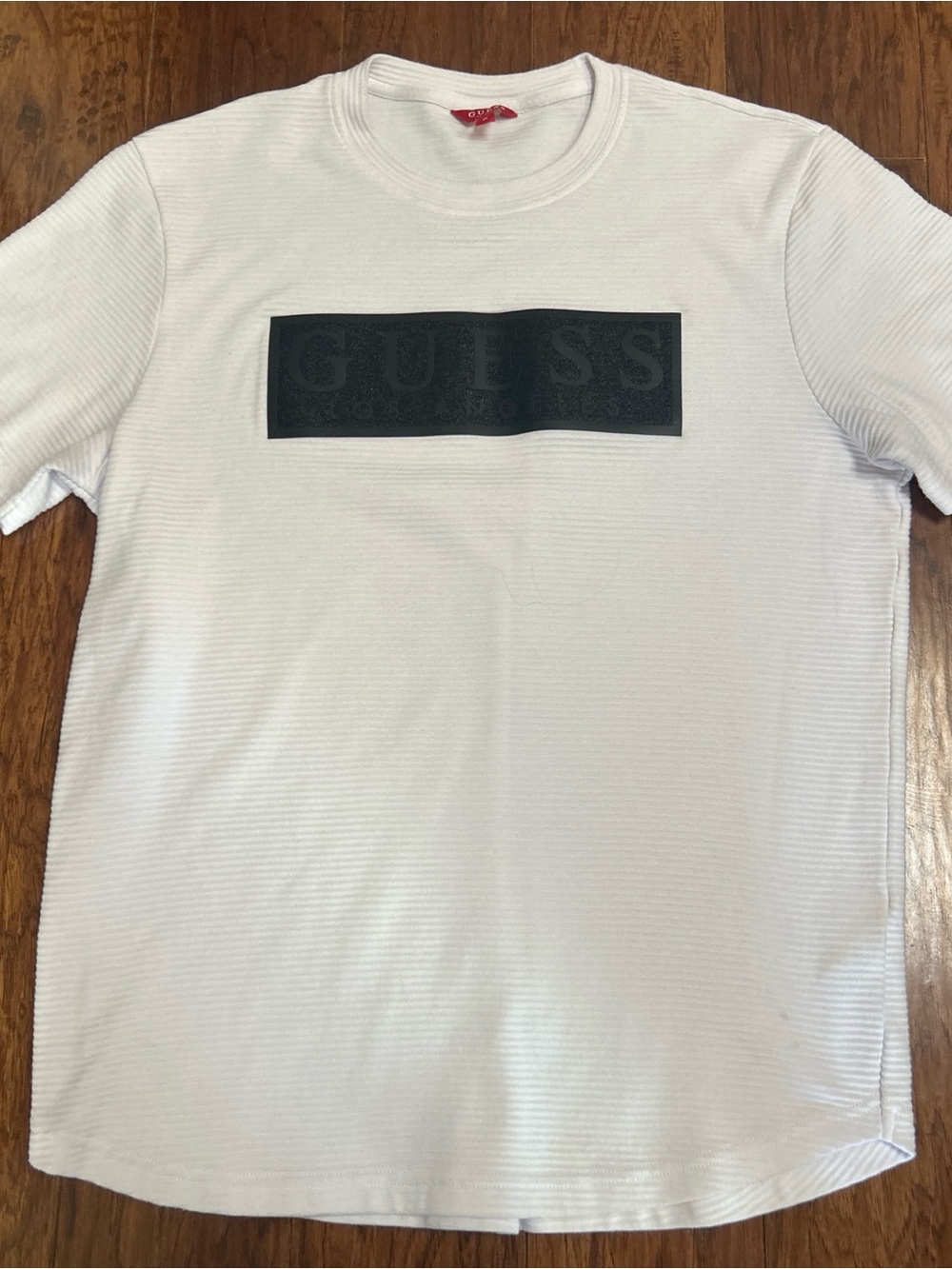 Guess White Short Sleeve Ribbed Crewneck with Black Logo Panel